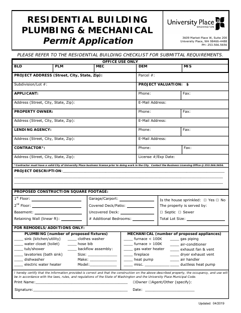 First page of the Residential Building Plumbing & Mechanical Permit Application