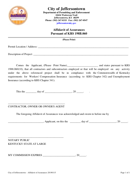 First page of the Affidavit of Assurances