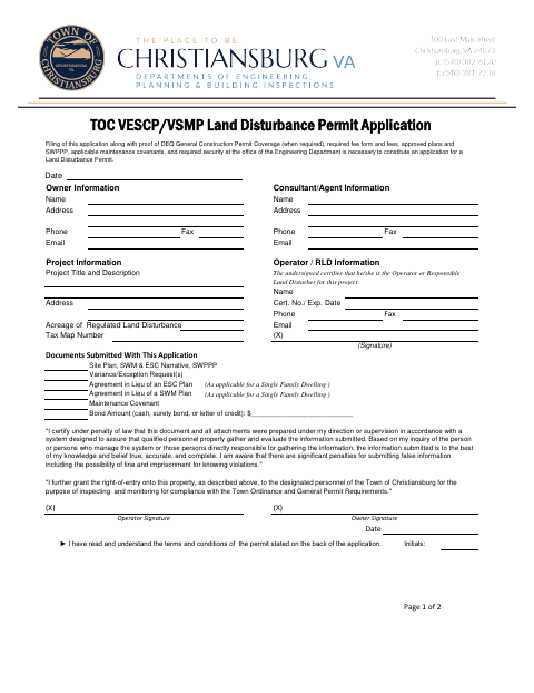 First page of the Land Disturbance Permit Application