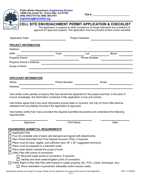 First page of the Cell Site Encroachment Permit Application & Checklist