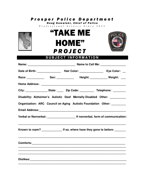 First page of the Take Me Home Project Subject Information