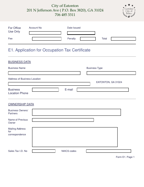 First page of the Application for Occupation Tax Certificate