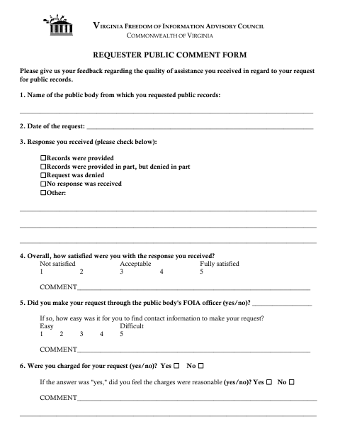 First page of the Requester Public Comment Form