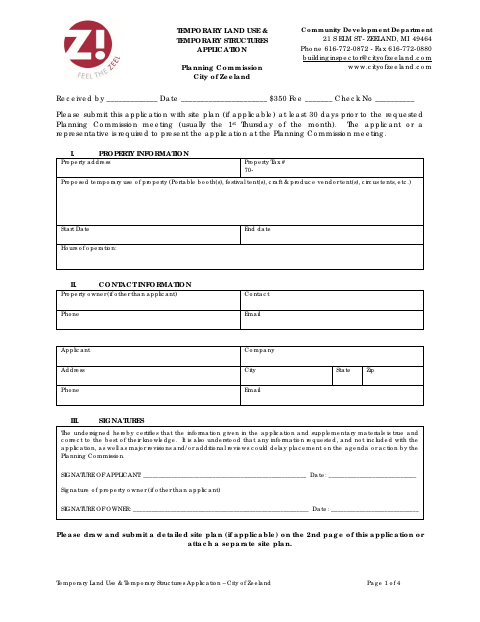 First page of the Temporary Land Use & Temporary Structures Application