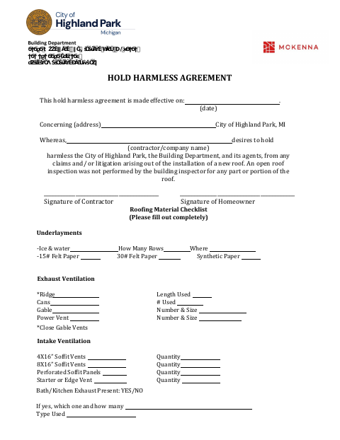 First page of the Hold Harmless Agreement