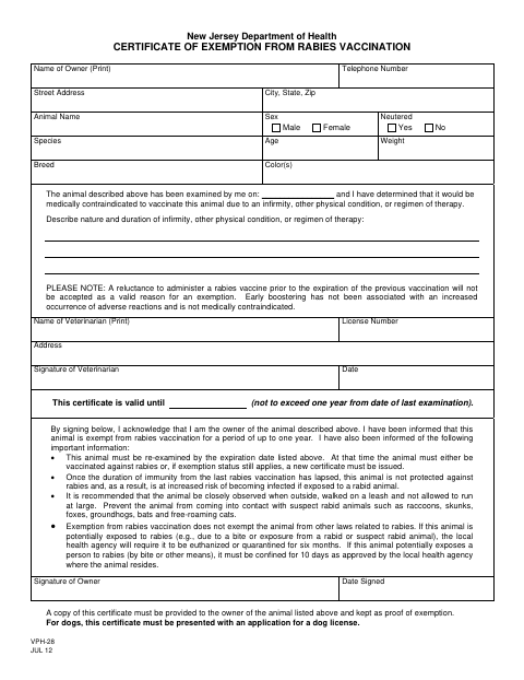 First page of the Certificate of Exemption from Rabies Vaccination