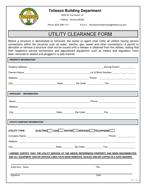 First page of the Demolition Utility Clearance Form