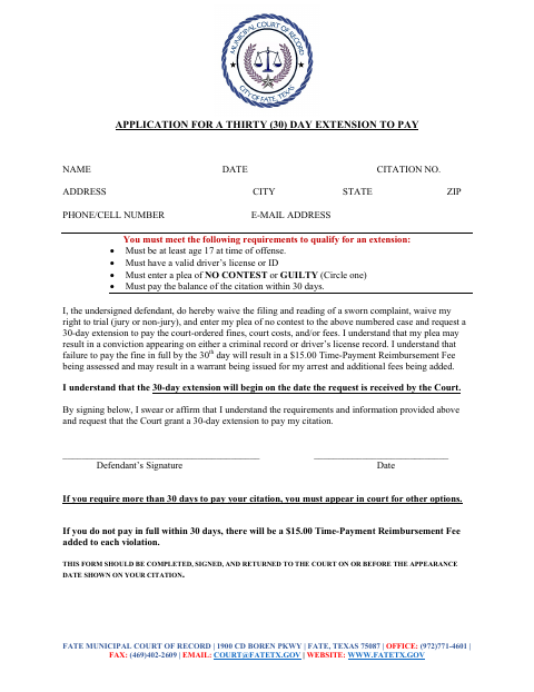 First page of the Application for a Thirty-Day Extension to Pay