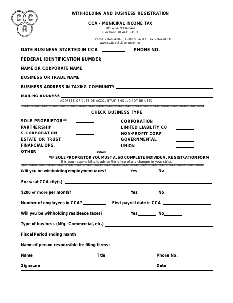 First page of the Withholding and Business Registration