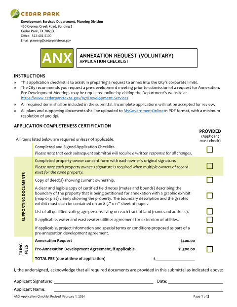 First page of the Annexation Application Checklist