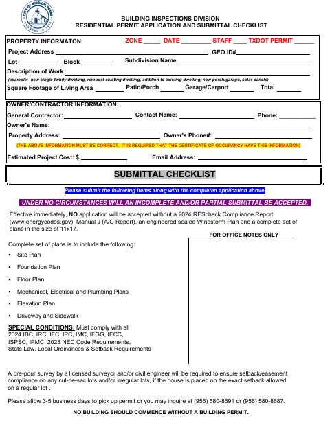 First page of the Residential Permit Application and Submittal Checklist