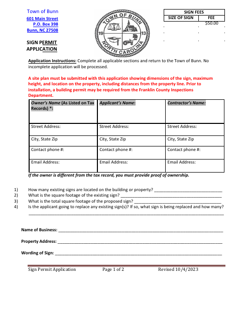 First page of the Sign Permit Application