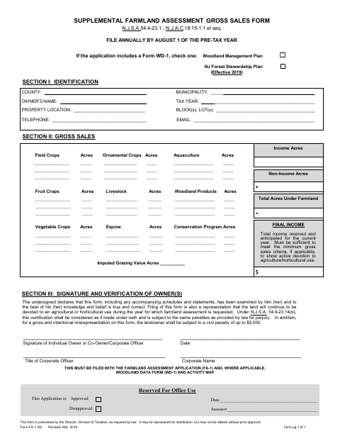 First page of the Supplemental Farmland Assessment Gross Sales Form
