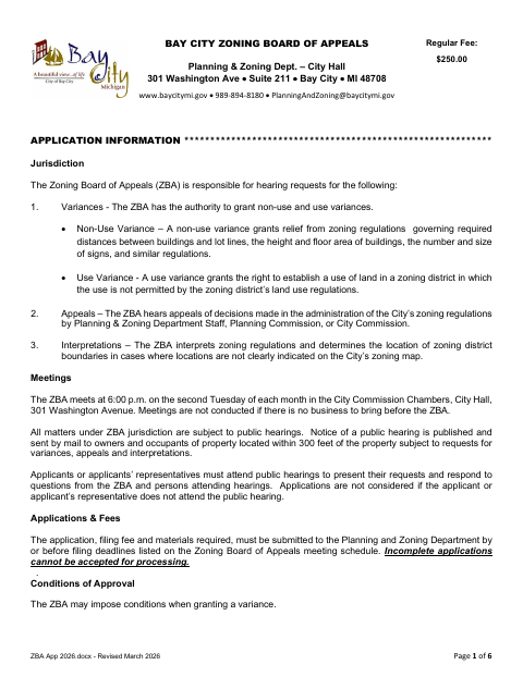 First page of the Zoning Board of Appeals Application