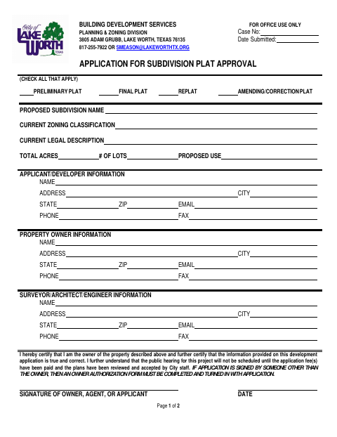 First page of the Application for Subdivision Plat Approval