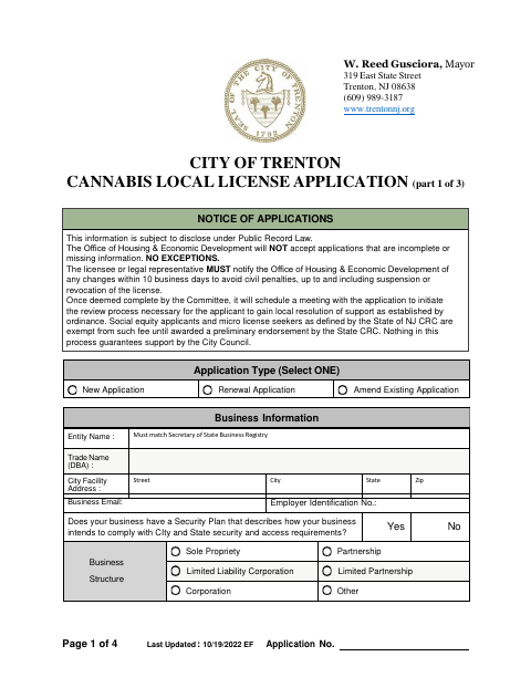 First page of the Cannabis Local License Application
