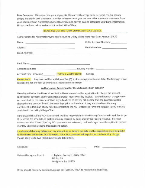 First page of the Utility ACH Payment Authorization