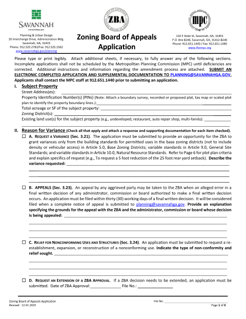 First page of the Zoning Board of Appeals Application