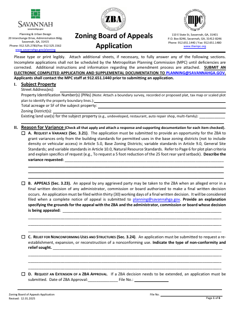 First page of the Zoning Board of Appeals Application