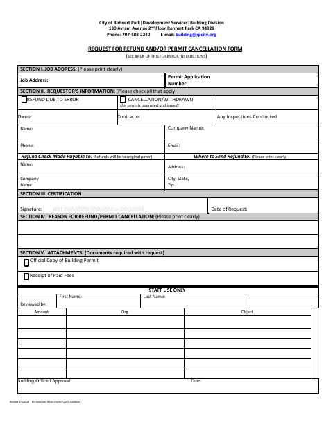 First page of the Request For Refund And/Or Permit Cancellation Form