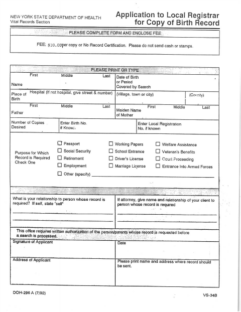 First page of the Application to Local Registrar for Copy of Birth Record
