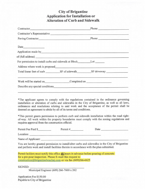 First page of the Curb and Sidewalk Installation or Alteration Application
