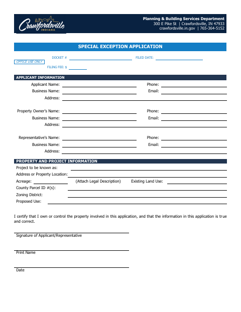 First page of the Special Exception Application