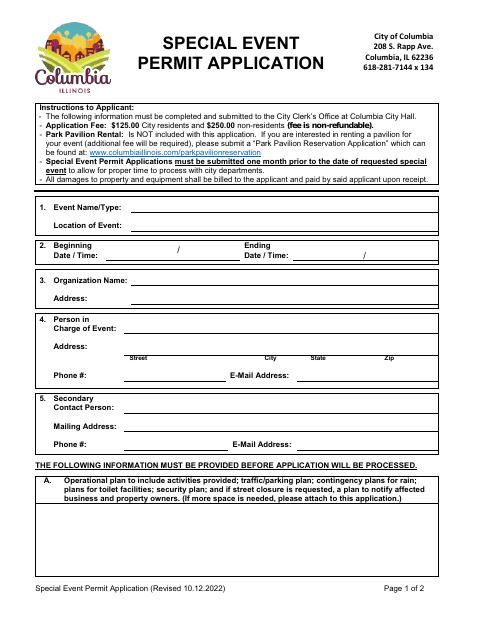 First page of the Special Event Permit Application