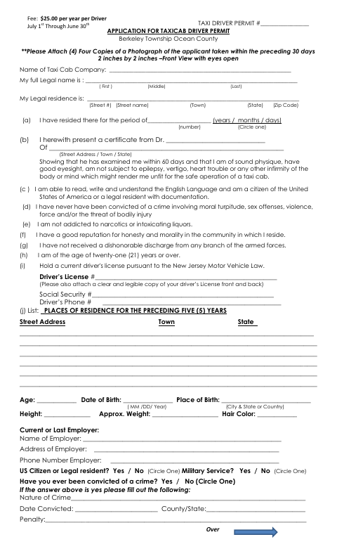 First page of the Application for Taxicab Driver Permit