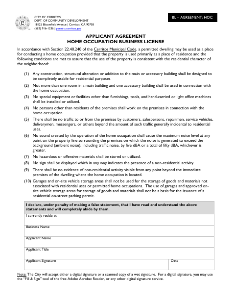 First page of the Applicant Agreement Home Occupation Business License