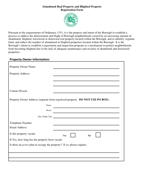 First page of the Abandoned Real Property and Blighted Property Registration Form