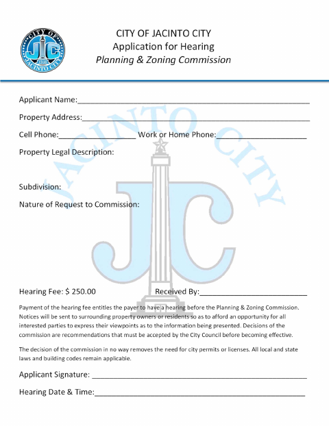 First page of the Planning & Zoning Commission Hearing Application