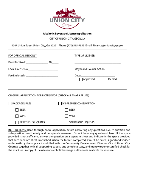 First page of the Alcohol Beverage License Application (New)