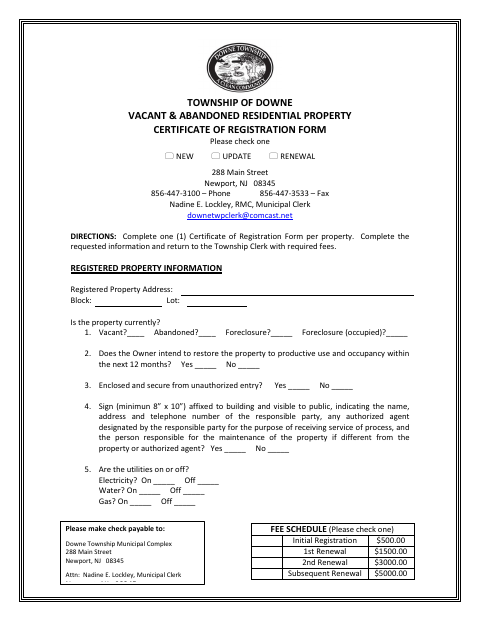 First page of the Vacant & Abandoned Residential Property Certificate of Registration Form