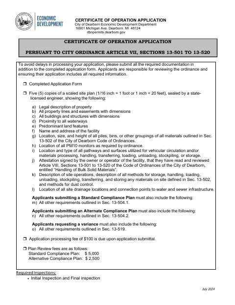 First page of the Certificate of Operation Application (Bulk Storage)