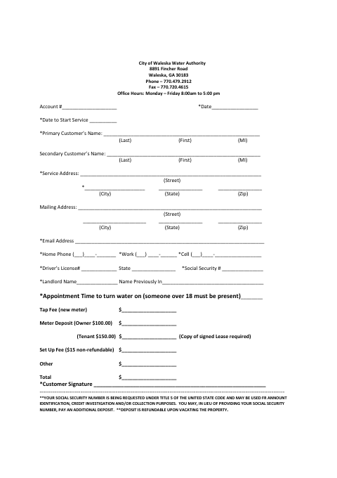 First page of the New Water Service Application