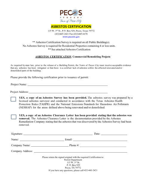 First page of the Asbestos Certification