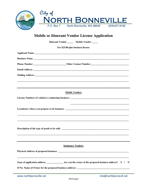 First page of the Mobile or Itinerant Vendor License Application