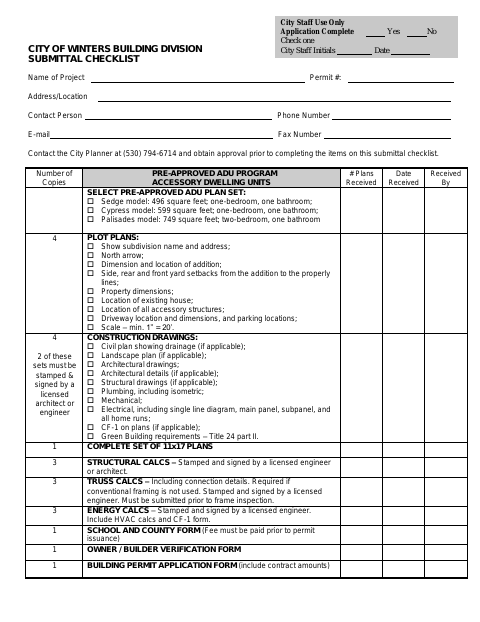 First page of the Pre-Approved ADU Submittal Checklist / Liability Waiver