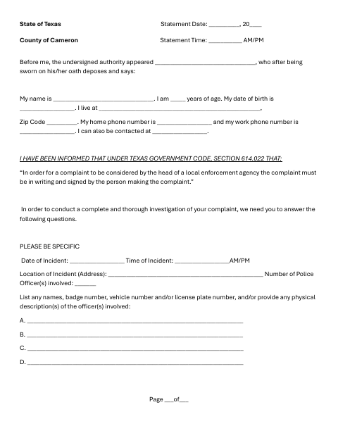 First page of the Police Complaint Sworn Statement