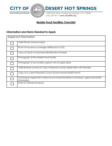 First page of the Mobile Food Facilities Checklist and Application