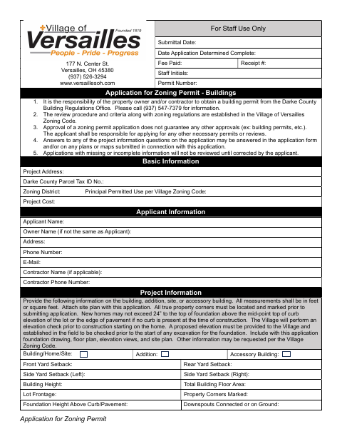 First page of the Application for Zoning Permit – Buildings
