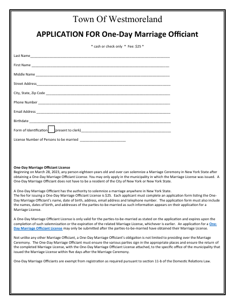 First page of the One-Day Marriage Officiant Application