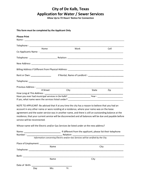 First page of the Application for Water / Sewer Services