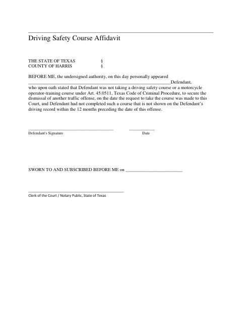 First page of the Driving Safety Course Affidavit