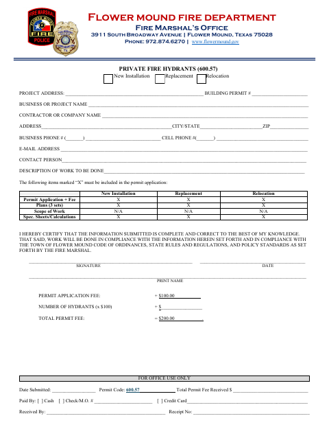 First page of the Private Fire Hydrants Permit Application