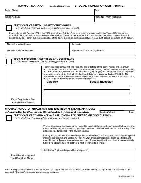 First page of the Special Inspection Certificate