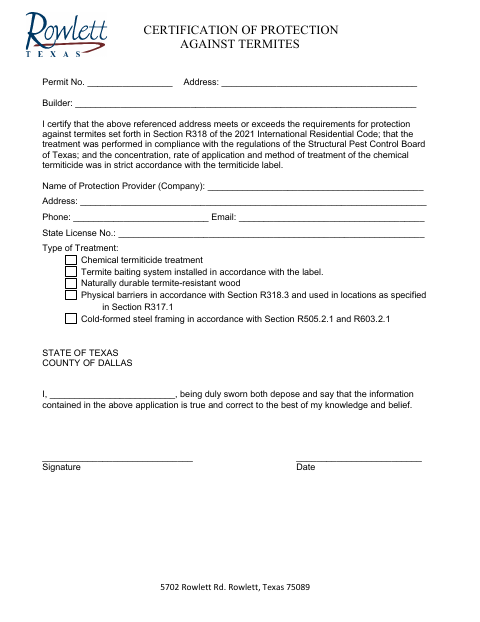 First page of the Termite Compliance Certification Form