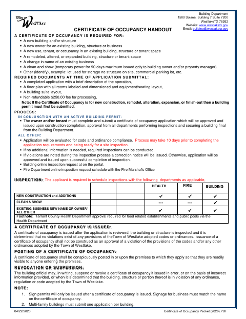 First page of the Certificate of Occupancy Application