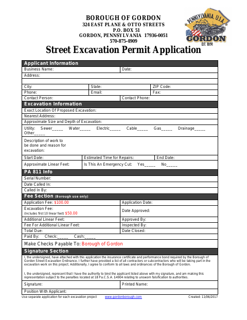 First page of the Street Excavation Permit Application